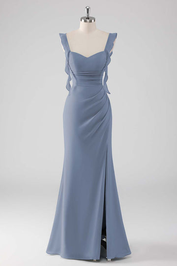 Dusty Blue Ruffled Sheath Lace-Up Back Long Bridesmaid Dress with Slit